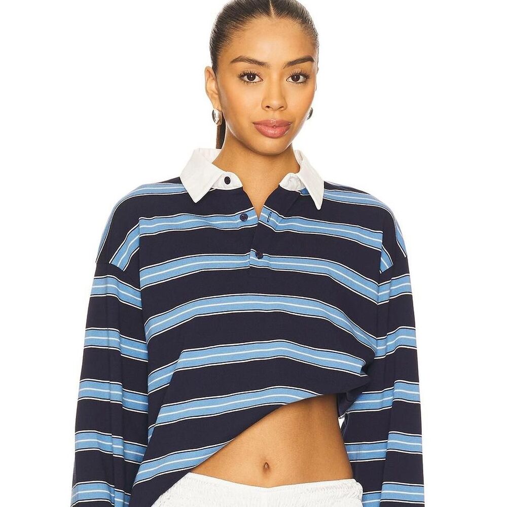 Lioness Navy and Light Blue Striped Polo Top with White Collar - Picture 3 of 4